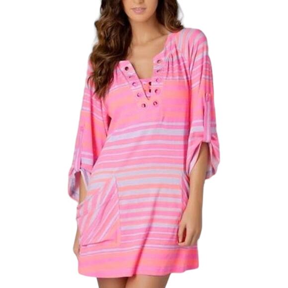 Nanette Lepore Swim Barbie Hot Pink Pastel Lilac Striped Tunic Dress Coverup Top - Picture 2 of 10